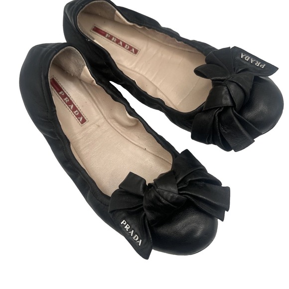 Prada Shoes - Prada Black Leather Bow Ballet Scrunch Flats 3F5440 Bow Size 36 1/2